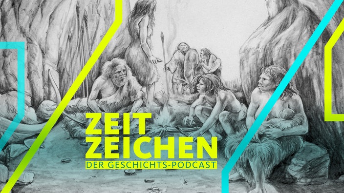 Eine Gruppe von Neandertalern in einer Wohnhöhle (Zeichnung von 2001)