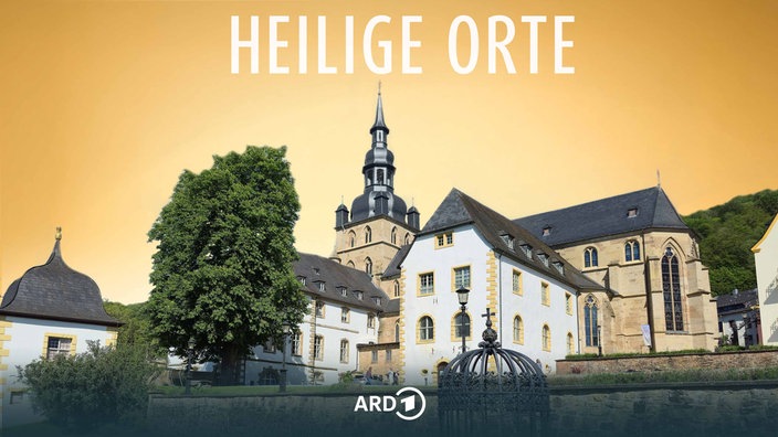 Die Benediktinerabtei St. Mauritius in Tholey im Nordsaarland vor gelbem Hintergrund; darüber der Titel der Reihe: "Heilige Orte".