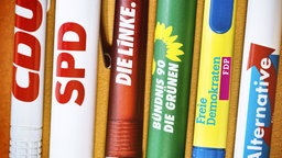 Kugelschreiber mit den Logos der Parteien (v.l.n.r.) CDU, SPD, Die Linke, Bündnis 90/Die Grünen, FDP, AfD