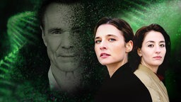 Im Vordergrund sind Helen Schilling (Svenja Jung) und Paula Schilling (Marie Bloching). Im Hintergrund löst sich das Gesicht von Richard Bauer (Hannes Jaenicke) auf.