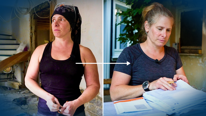 Frauin einem durch die Flut beschädigten Haus, und einmal 5 Jahre nach der Flut-Katastrophe