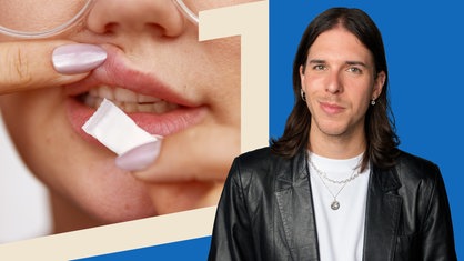 Das Bild zeigt Timm Giesbers (r.) und im Hintergrund ein Bild einer Person, die Snus konsumiert.