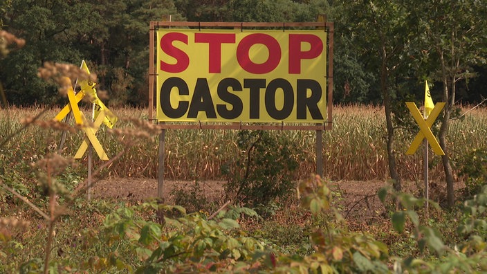 Ein gelbes Schild steht auf einem Feld mit dem Schriftzug "Stop Castor"