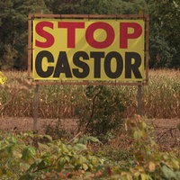 Ein gelbes Schild steht auf einem Feld mit dem Schriftzug "Stop Castor"