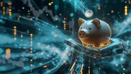 Eine 1-Euro-Münze schwebt über einem Sparschwein. Das Sparschwein wir von einer künstlichen Hand gehalten, illustratorisch aufgearbeitet.