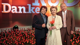 V.l. Andy Borg, Marijke Amado und Gastgeber Bernd Stelter.