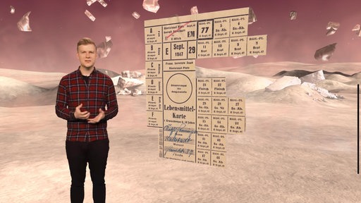 Cedric vor einer Abbildung von Lebensmittelmarken der Nachkriegszeit