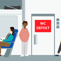 Illustration: Sitzplätze in einem Zug und ein WC, auf dem ein Schild "defekt" angebracht ist.