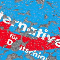 abbröckelnder Putz mit Rissen auf dem Parteiemblem Symbol der AFD