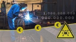 Montage: Diagrammkurve mit Eurozeichen, Warnschild Cyberangriff, Schweißer in einem Betrieb bei der Arbeit, Milliarde als Zahl