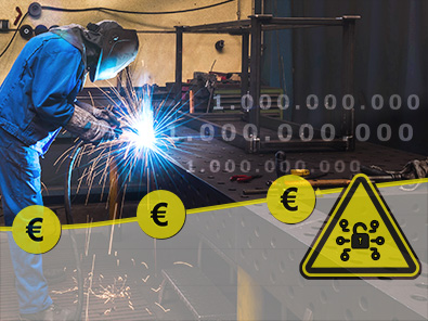 Montage: Diagrammkurve mit Eurozeichen, Warnschild Cyberangriff, Schweißer in einem Betrieb bei der Arbeit, Milliarde als Zahl