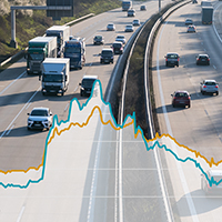 Montage: Diagrammkurve, Autos auf einer Autobahn