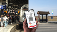 Digitales Deutschlandticket auf Smartphone an einer Haltestelle auf dem Dorf und einem Hauptbahnhof