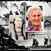 Montage: Porträts von Magdalena Hitze, Deutsche auf der Flucht aus den Ostgebieten, Panzer der Roten Armee