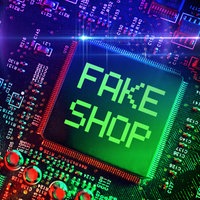 Bunte Illustration mit der Aufschrift Fake Shop