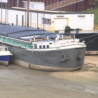 Frachtschiff auf Rheinsand