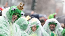 Karnevalisten im Froschkönig-Kostümen schützen sich mit Ponchos vor Regen