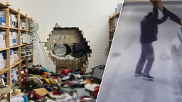 Collage: Aufgebrochener Tresorraum der Sparkasse Gelsenkirchen, Screenshot der Überwachungskamera eines Parkhauses zeigt Mann, der Schranke aufhält