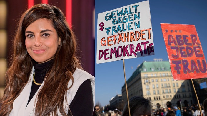 Links: Collien Fernandes im Portrait. Rechts: Schilder bei einer Demonstration gegen Gewalt an Frauen