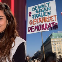 Links: Collien Fernandes im Portrait. Rechts: Schilder bei einer Demonstration gegen Gewalt an Frauen