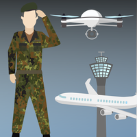 Illustration: Ein Offizier der Bundeswehr und eine Drohne am Flughafen 