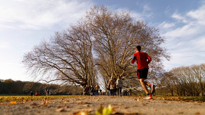 Ein Man joggt bei Herbstwetter durch den Park