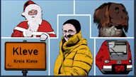 Collage mit Weihnachtsmann, Hundekopf, S-Bahnwaggon, Hermannsdenkmal und Frauenporträt