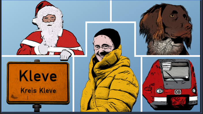 Collage mit Weihnachtsmann, Hundekopf, S-Bahnwaggon, Hermannsdenkmal und Frauenporträt
