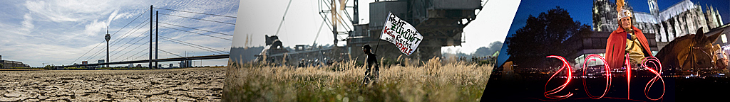 Montage: Rhein bei Düsseldorf, extremes Niedrigwasser, Demo und Kundgebung im Hambacher Forst, Der 'Heilige Sankt Martin' bei einem Martinszug am Dom in Köln