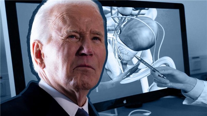 Joe Biden vor Bildschirm mit Screening von Prostatakrebs 