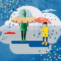 Grafik: Kostümierte Menschen feiern Karneval bei Regen