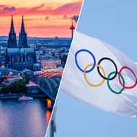 Foto des Kölner Doms neben einer Flagge mit dem Symbol der Olympischen Spiele