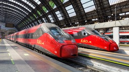 Zwei rote Züge von Italo stehen in einem Bahnhof. 