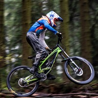 Ein Radfahrer fährt mit einem Mountainbike im Wald