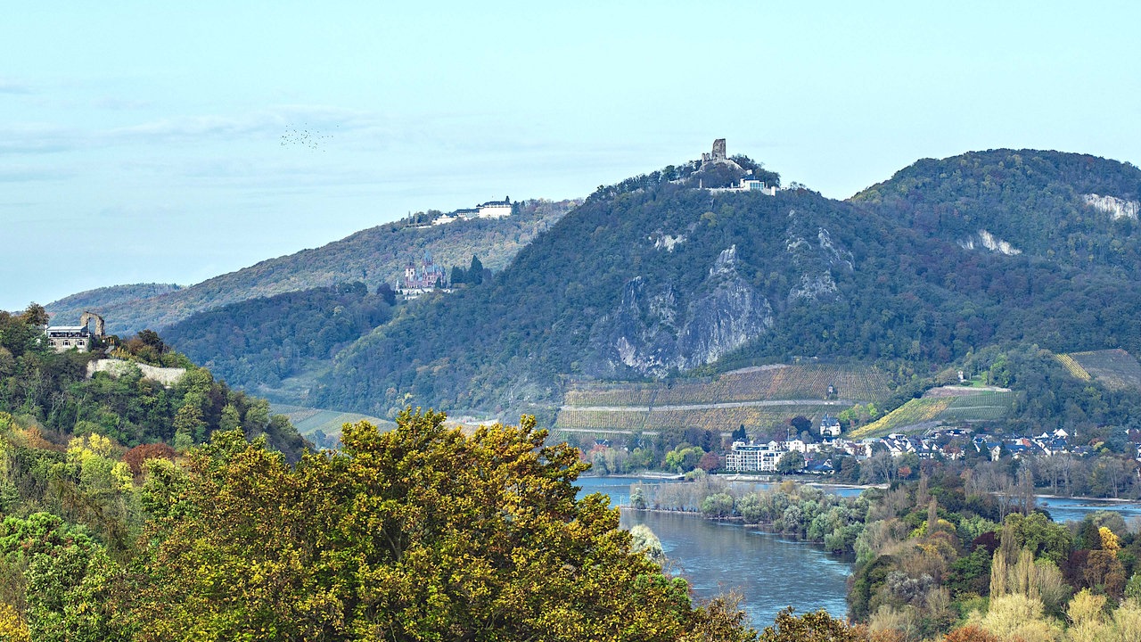 Blick auf den Rhein mit der Insel Nonnenwerth und dem Drachenfels im Siebengebirge