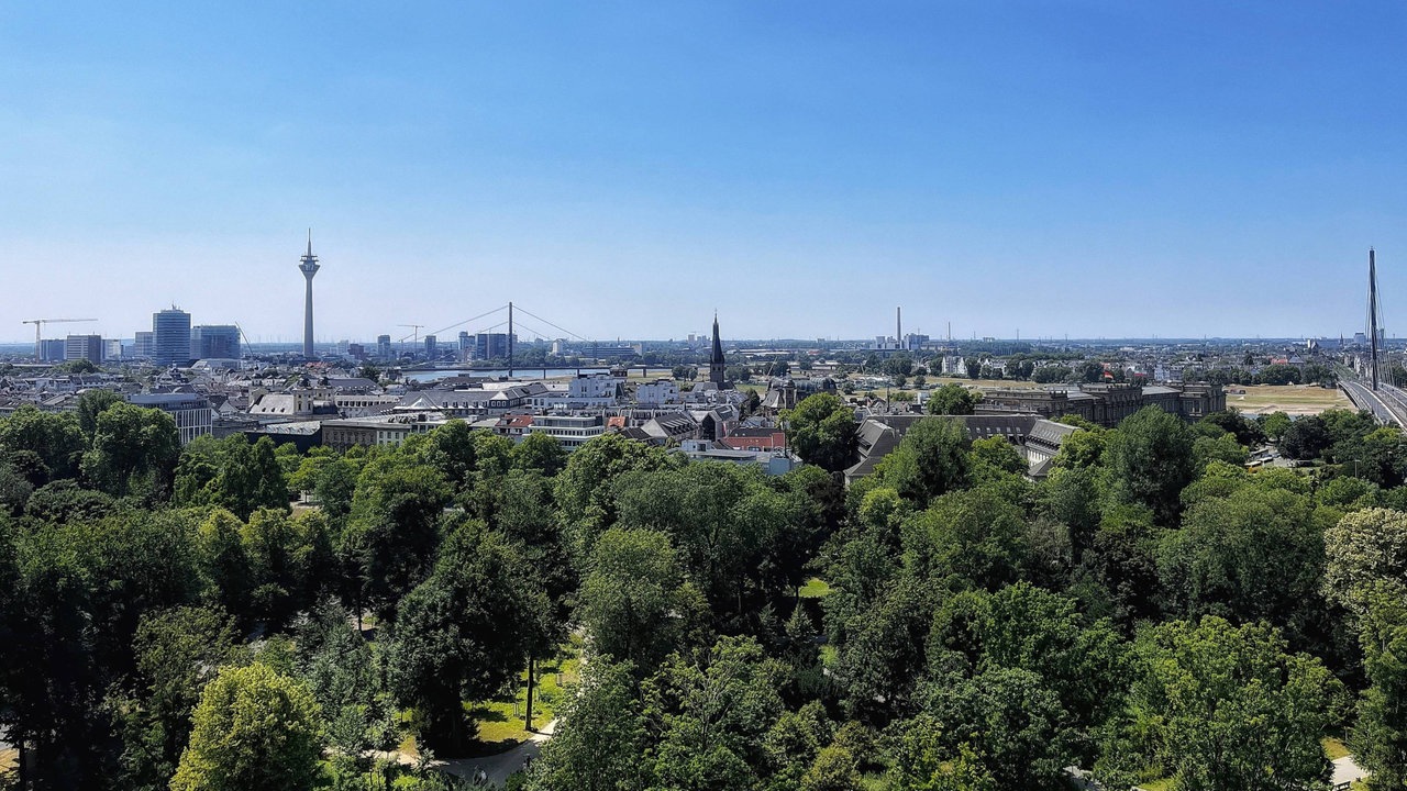 Weiter Blick über den Hofgarten, den Rhein und die Düsseldorfer City.