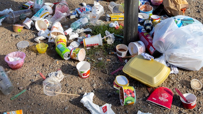 Verschiedene Arten an Plastikverpackungen liegen auf dem Boden