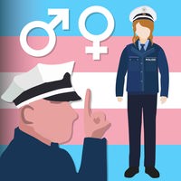 Grafik: Ein Polizist mit erhobenem Zeigefinger. Im Hintergrund eine weitere Person in Polizeiuniform, dazu die Geschlechtssymbole für männlich und weiblich und die Transgender-Flagge.