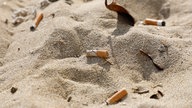 Zigarettenstummel liegen im Sand am Strand 