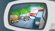 Grafik: Im Seitenspiegel eines Autos steht ein Rettungswagen auf der Autobahn