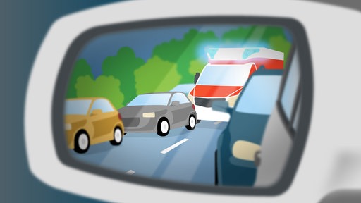Grafik: Im Seitenspiegel eines Autos steht ein Rettungswagen auf der Autobahn
