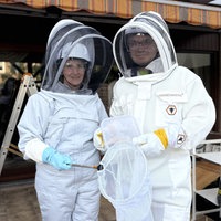 Zwei Personen in Schutzanzügen. Zum Schutz gegen Bienenstiche.
