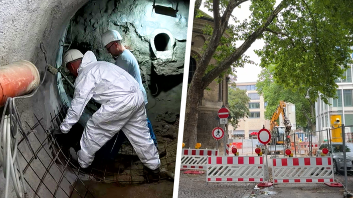 Bauarbeiter auf der Baustelle des Kanals am Cäcilienklosters.