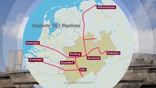 Der geplante Verlauf der CO2-Pipelines auf einer Karte visualisiert.