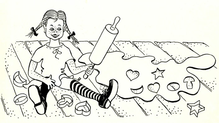 Eine Bleistiftzeichnung von Pippi, wie sie Kekse aussticht