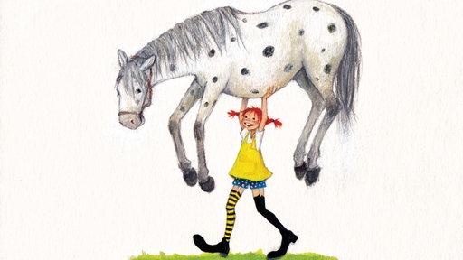 Eine bunte Zeichnung, wie Pippi Langstrumpf ein Pferd trägt