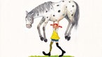 Eine bunte Zeichnung, wie Pippi Langstrumpf ein Pferd trägt