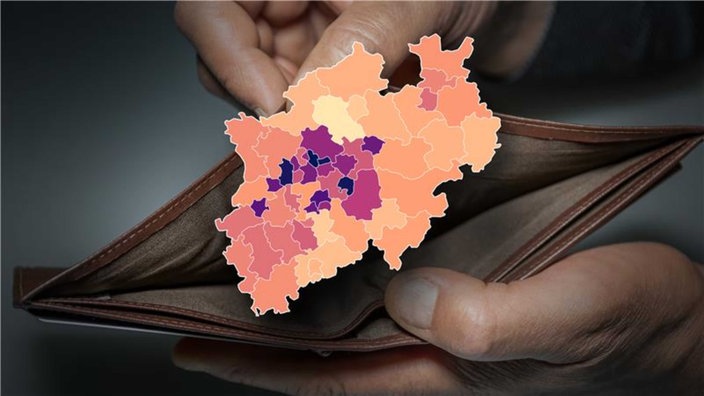 Symbolbild: eine leere Portemonnaie mit der Karte von Nordrhein-Westfalen auf der Vorderseite