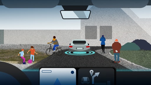 Illustration: Perspektive aus einem fahrenden Auto auf eine Straße mit vorrausfahrendem Auto, ballspielenden Kindern und Fahrradfahrer links, rechts ein älterer Mann und eine Joggerin.