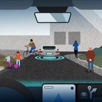 Illustration: Perspektive aus einem fahrenden Auto auf eine Straße mit vorrausfahrendem Auto, ballspielenden Kindern und Fahrradfahrer links, rechts ein älterer Mann und eine Joggerin.